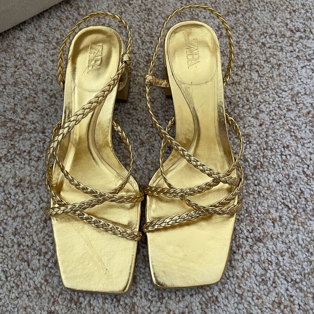 Zara Metallic Gold Braided Sandals